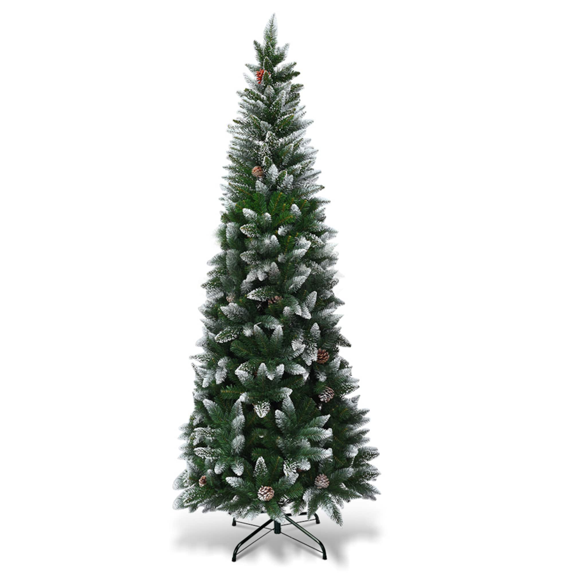 Costway 7.5ft. Snow Flocked Pencil Hinged Christmas Tree with Pinecones